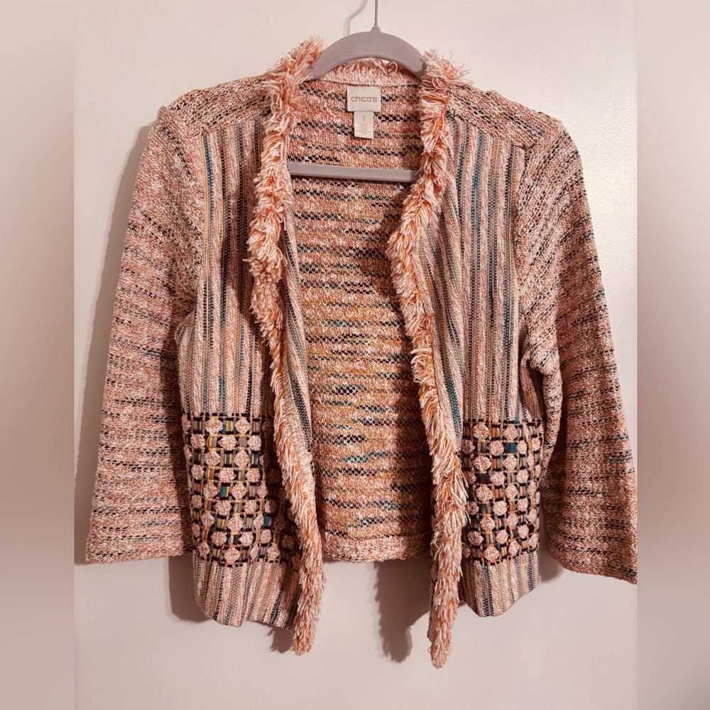 Chico's Peach Multi-Stripe Fringed Open Cardigan Jacket